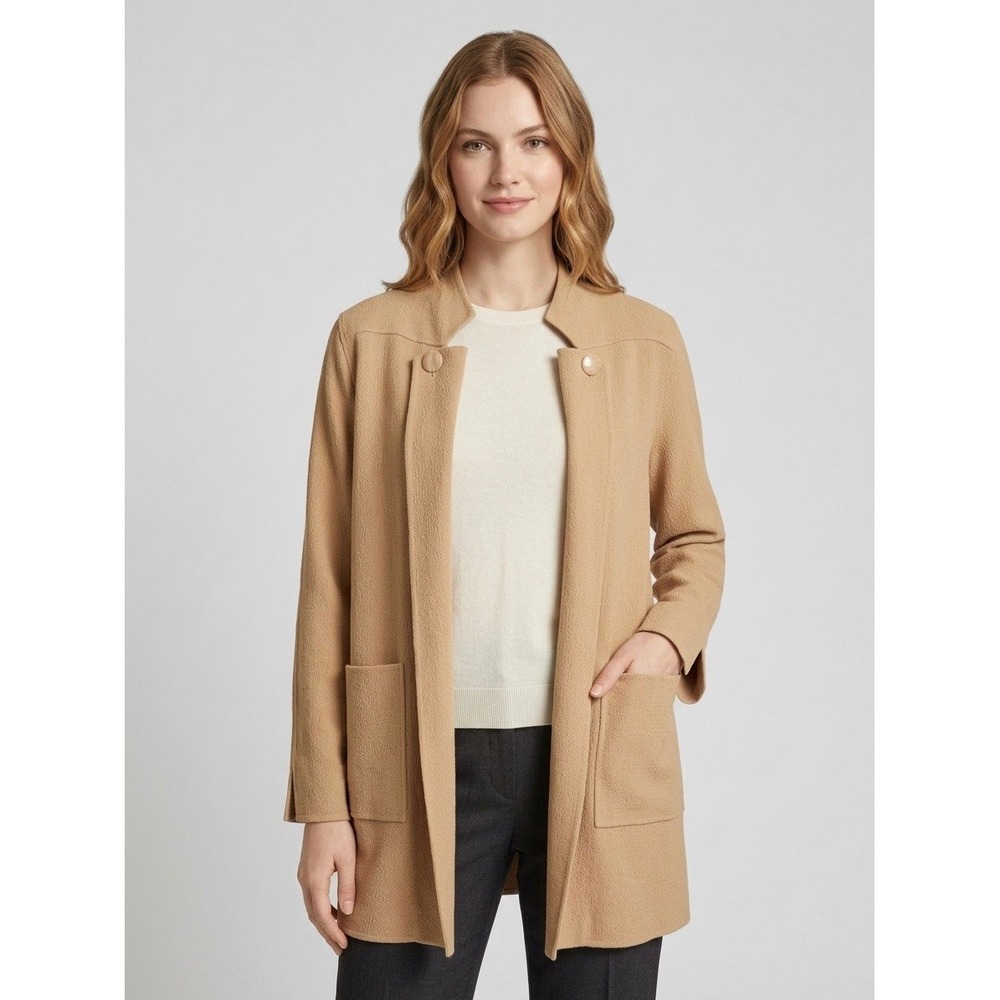 St. John Collection Camel Tan 100% Wool Textured Knit Open Front Jacket Size 10